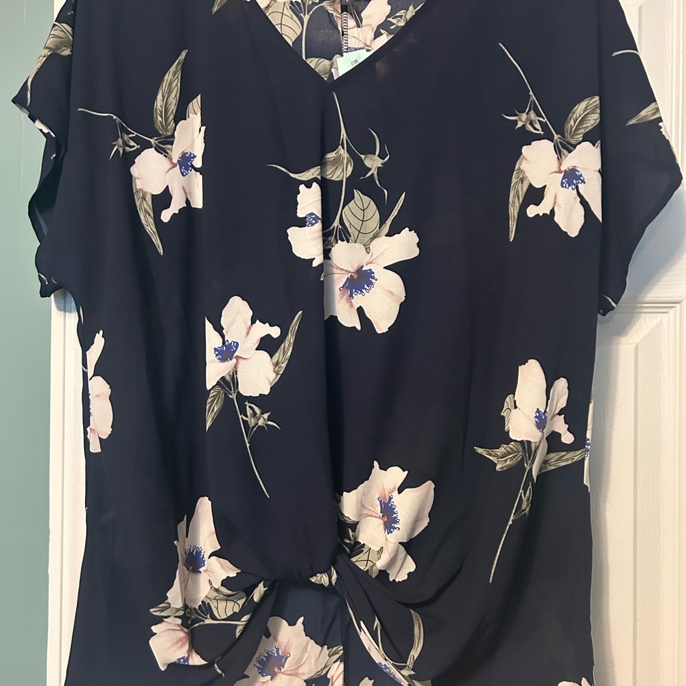 West Kei Navy Blue Short Sleeve Tie Front Blouse